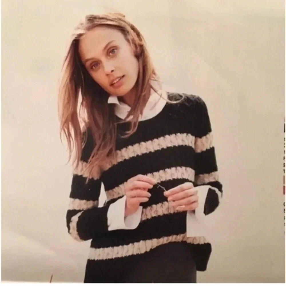 Vintage J. Crew Black Tan Color Block Y2K Knit Merino Wool Sweater Size XXS
